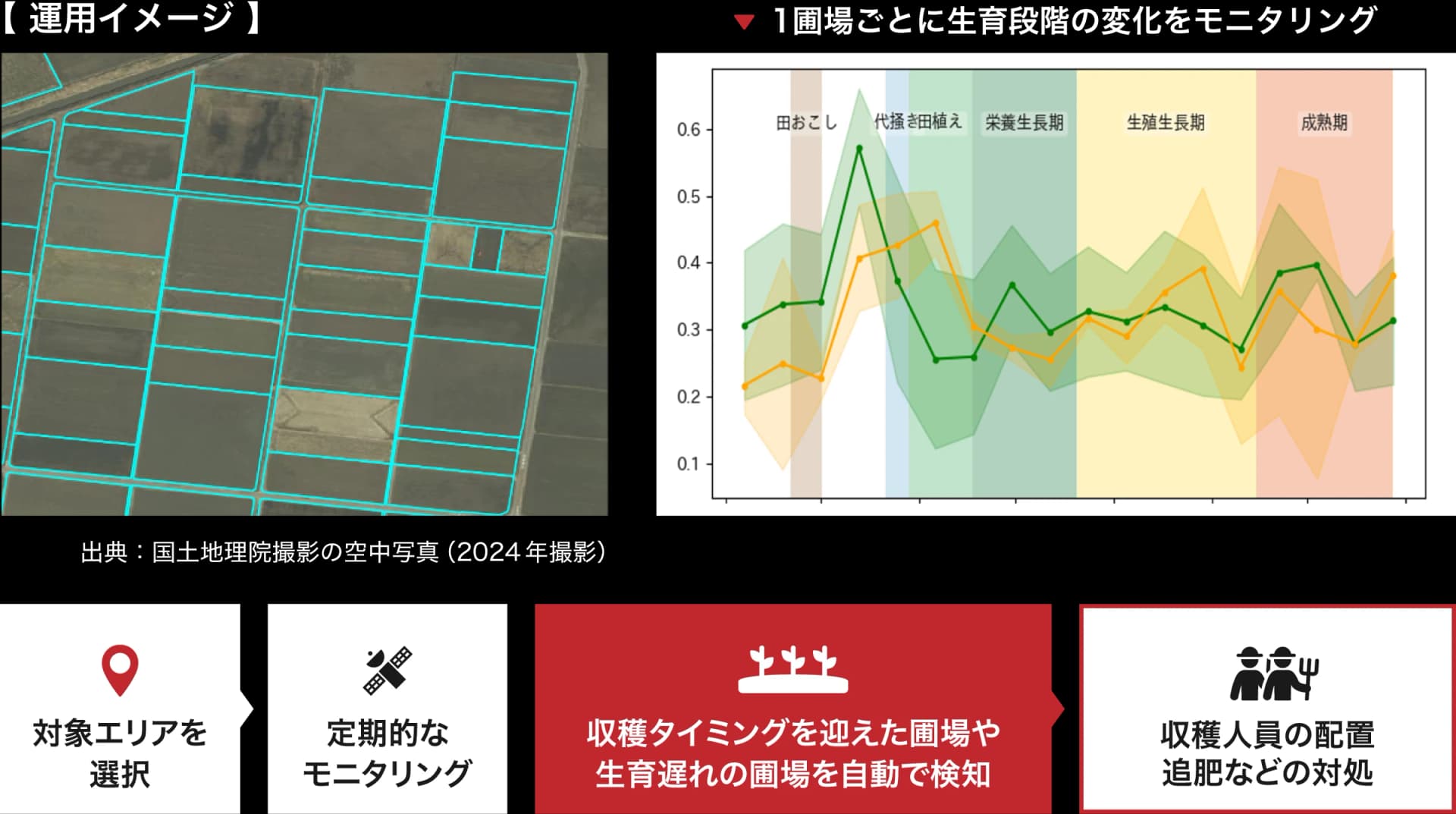 圃場単位の生育ステージ推定(NDVI時系列+生育ステージマップ)