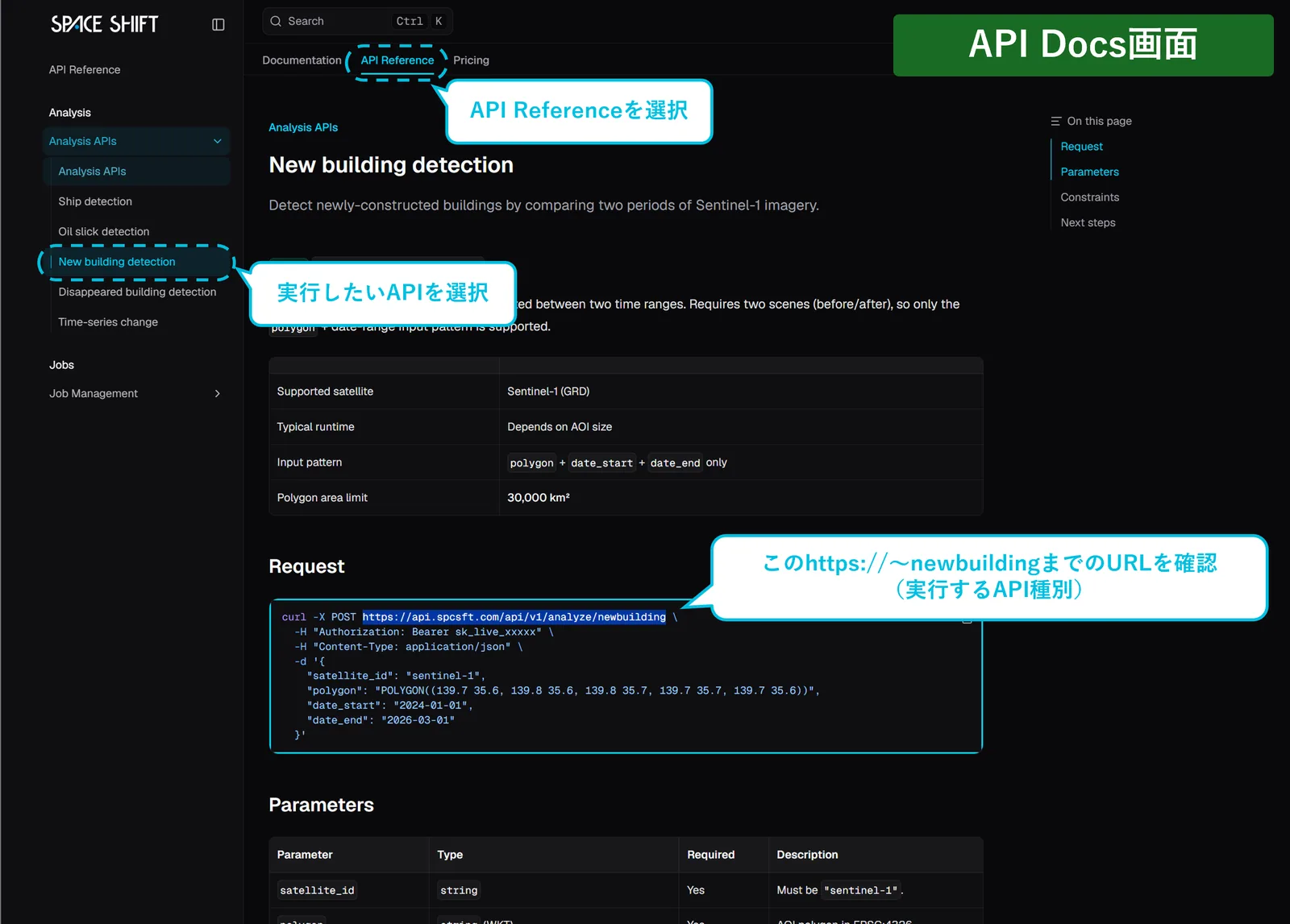 実行したいAPIを選び、実行URL(POSTの送り先)を確認